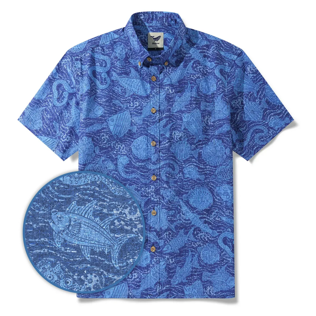 Men's Hawaiian Shirt Short Sleeve Button-down 100% Cotton Blue Aloha Indigo School Of Fish By Huan huan