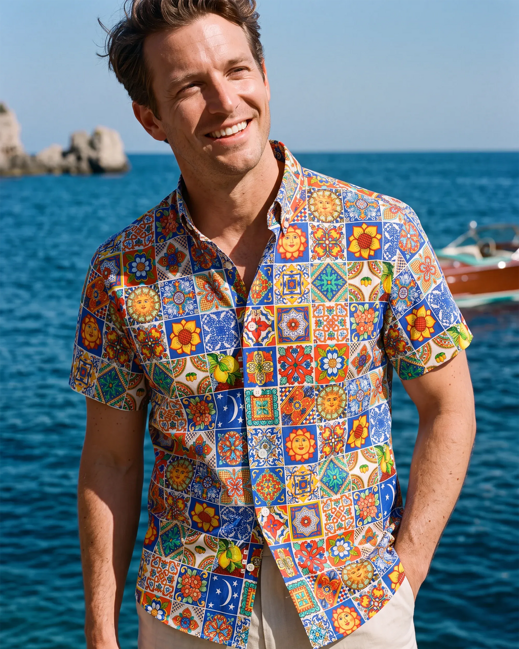 Men's Hawaiian Shirt Short Sleeve Button-down 100% Cotton Aloha Mediterranean Tile Haven By Yana