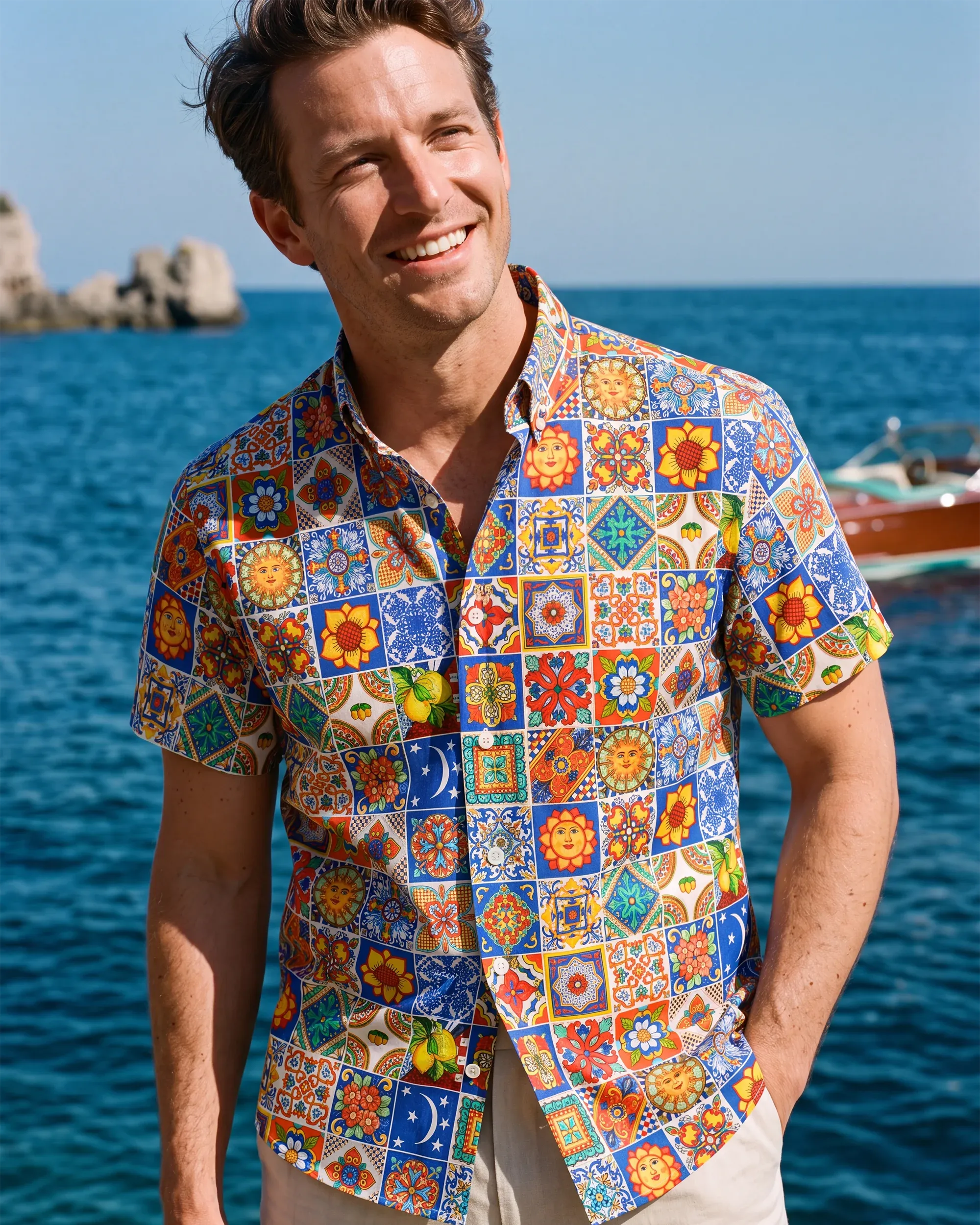 Men's Hawaiian Shirt Short Sleeve Button-down 100% Cotton Aloha Mediterranean Tile Haven By Yana