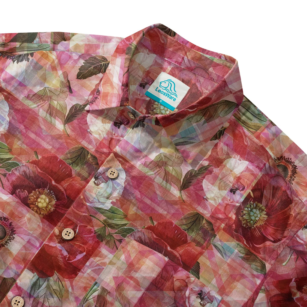 LeosWare® Plaid Men's Hawaiian Shirt Short Sleeve Button-up 100% Cotton Red Aloha Patterned Floral Impressions By Ann