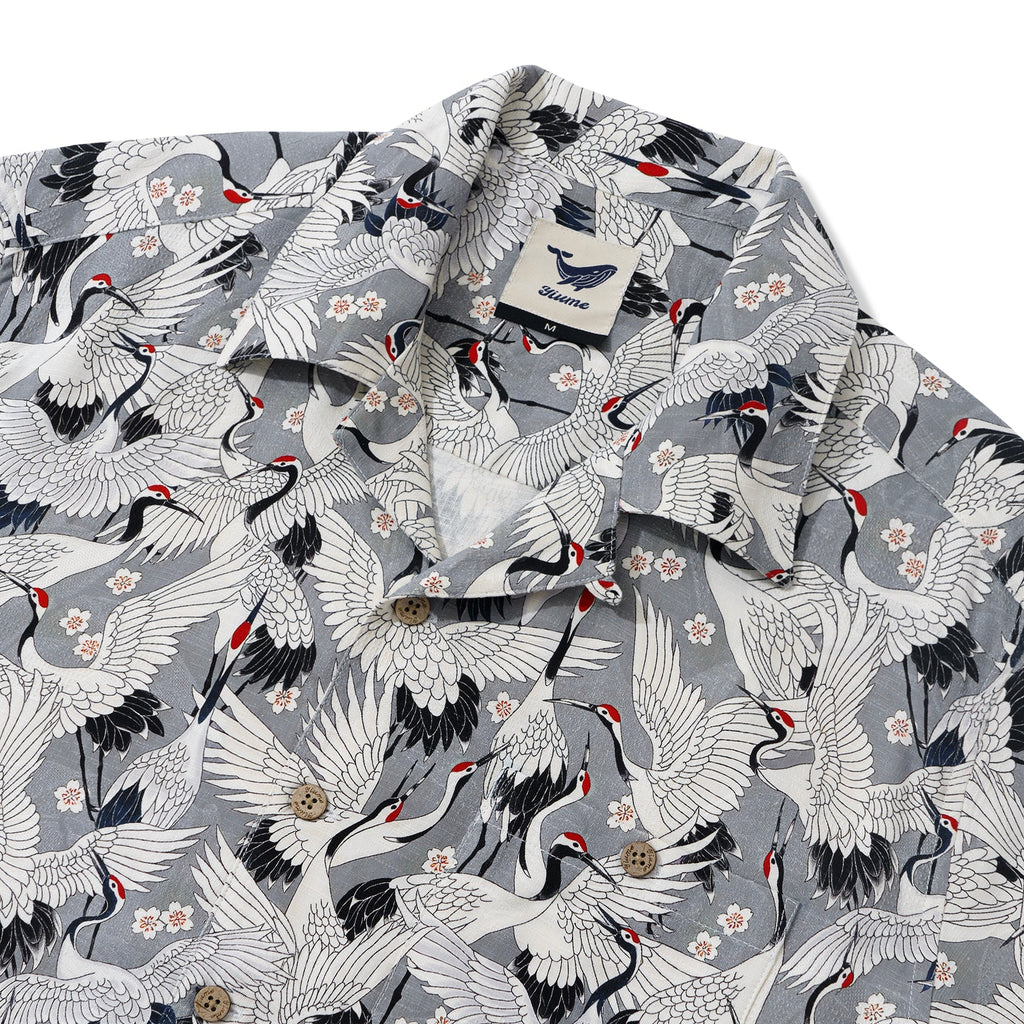Men's Hawaiian Shirt Short Sleeve Camp Collar 100% Silk Gray Aloha The Feast Of Cranes By Seven
