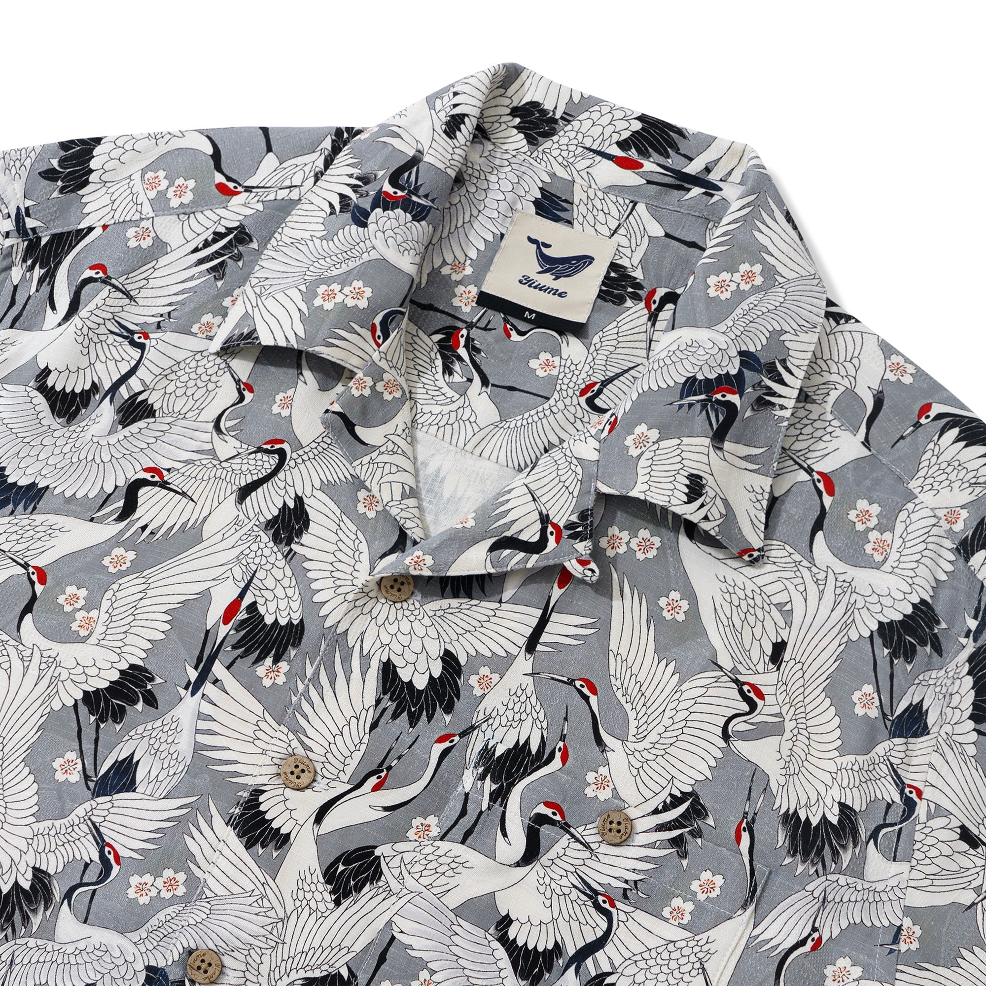 Men's Hawaiian Shirt Short Sleeve Camp Collar 100% Silk Gray Aloha The Feast Of Cranes By Seven