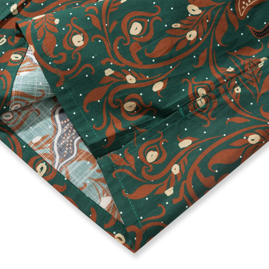 Indian Style Men's Hawaiian Shirt Short Sleeve Button-down 100% Cotton Green Aloha Phoenix Rebirth By Yana
