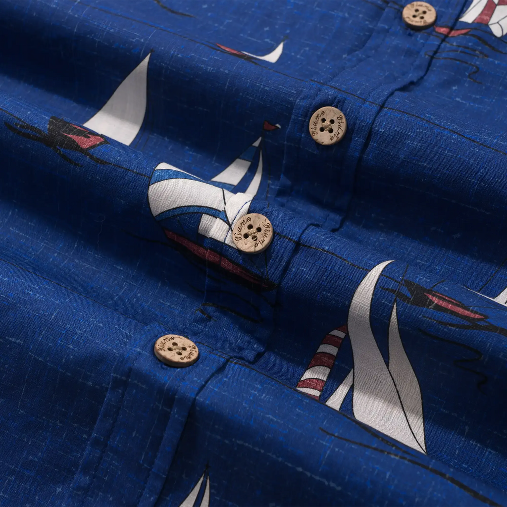 Men's Hawaiian Shirt Short Sleeve Button-down 100% Cotton Blue Aloha Sail into the Horizon By Huan huan