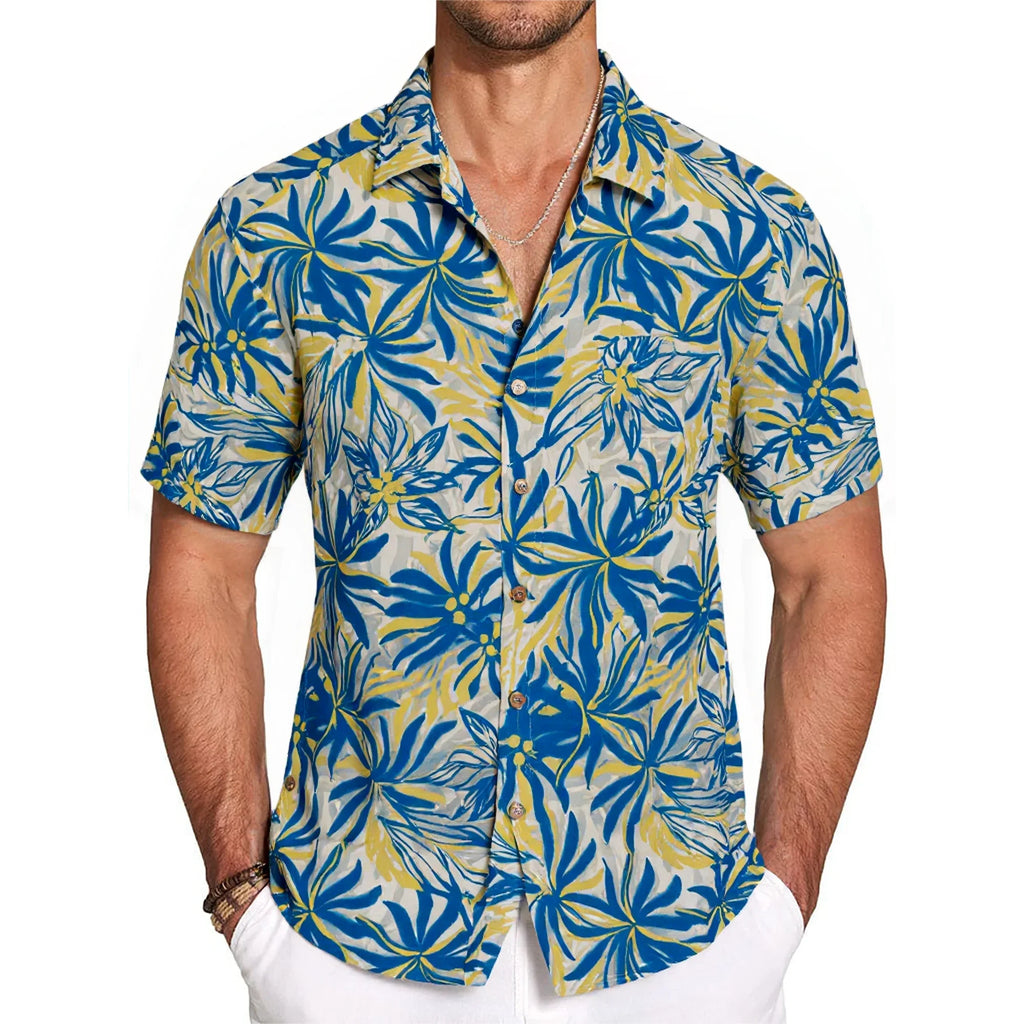 LeosWare® Men's Hawaiian Shirt Short Sleeve Button-up 100% Cotton Green Aloha Tropical Leaf Symphony In Blue And Yellow By Ethan