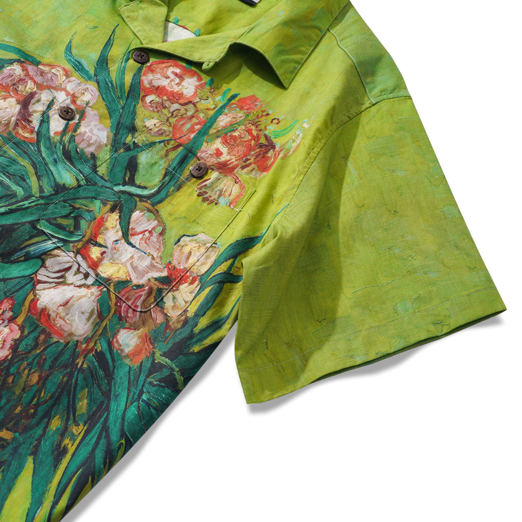 Men's Hawaiian Shirt Short Sleeve Camp Collar 100% Cotton Green Aloha Van Gogh Blossoms By Mo
