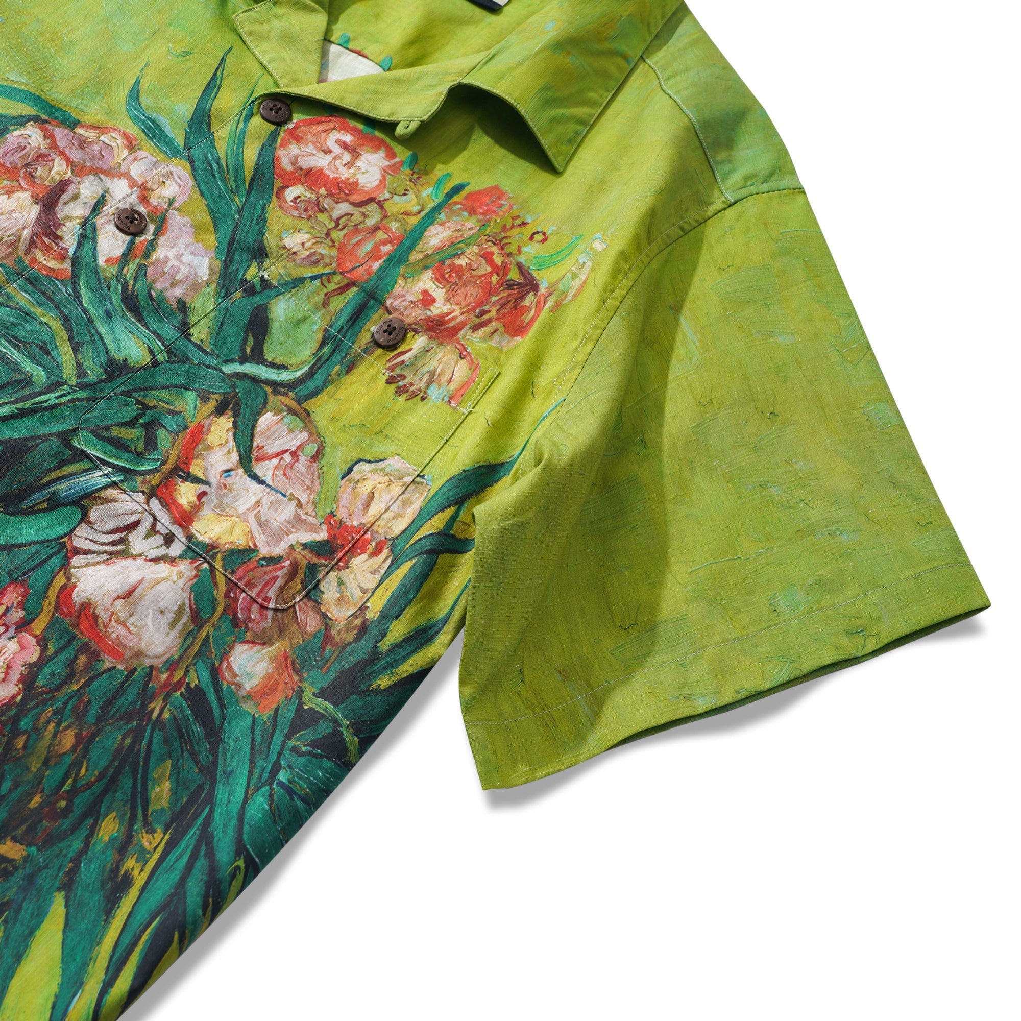 Men's Hawaiian Shirt Short Sleeve Camp Collar 100% Cotton Green Aloha Van Gogh Blossoms By Mo