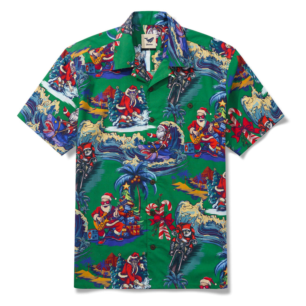 Christmas Santa Claus in Hawaii 100% Cotton Men's Aloha Hawaiian Short Sleeve Camp Collar Shirt By Yana