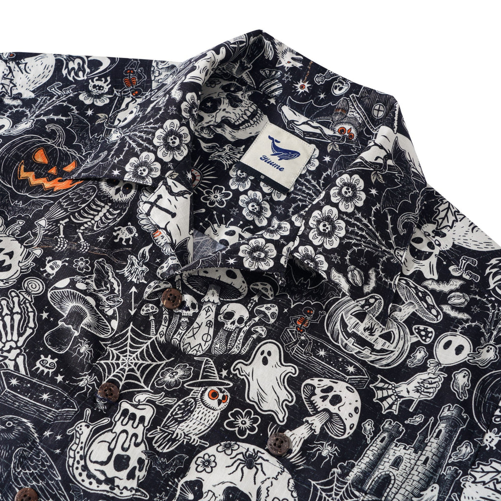 Men's Halloween Shirt Skull Hawaiian Shirt Short Sleeve Camp Collar 100% Cotton Black Halloween Bash By Mo