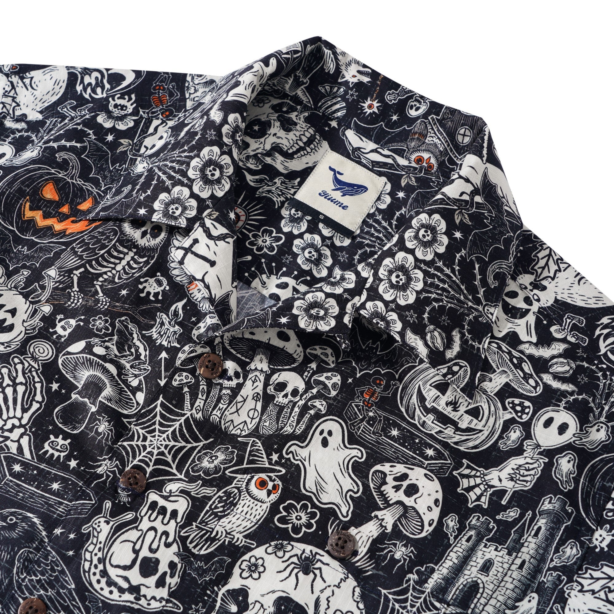 Men's Halloween Shirt Skull Hawaiian Shirt Short Sleeve Camp Collar 100% Cotton Black Halloween Bash By Mo
