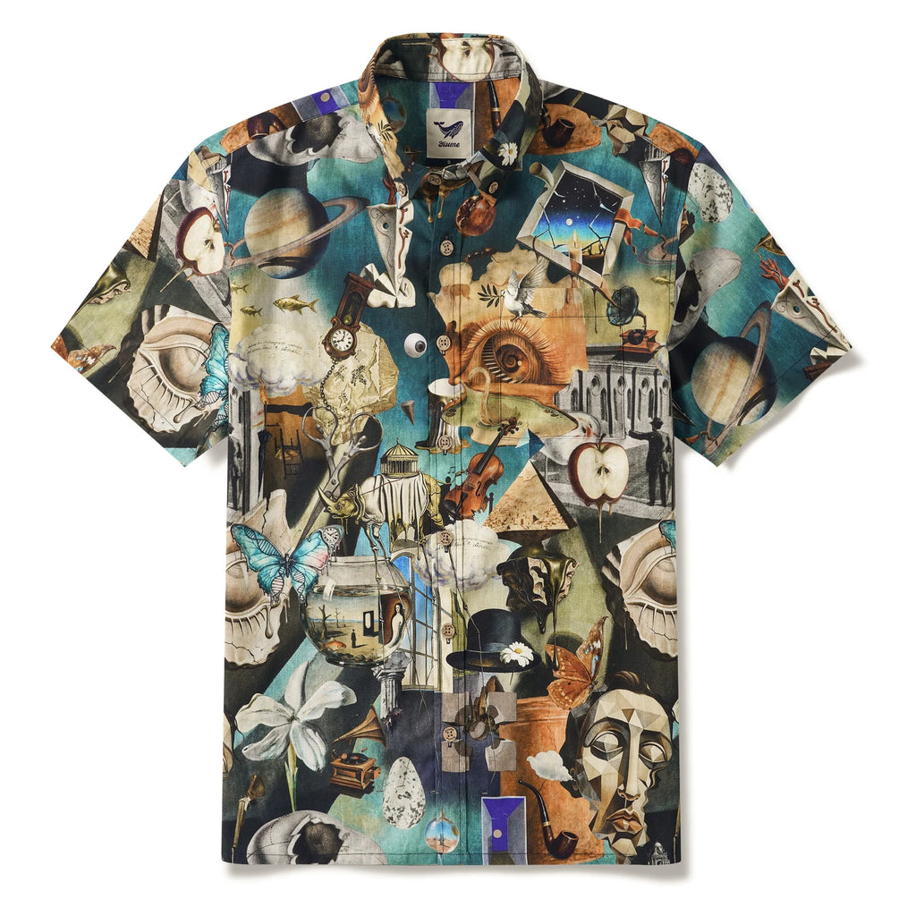 Men's Hawaiian Shirt Short Sleeve Button-down 100% Cotton Blue Aloha Hyperreal Dreamscapes Art By Mo