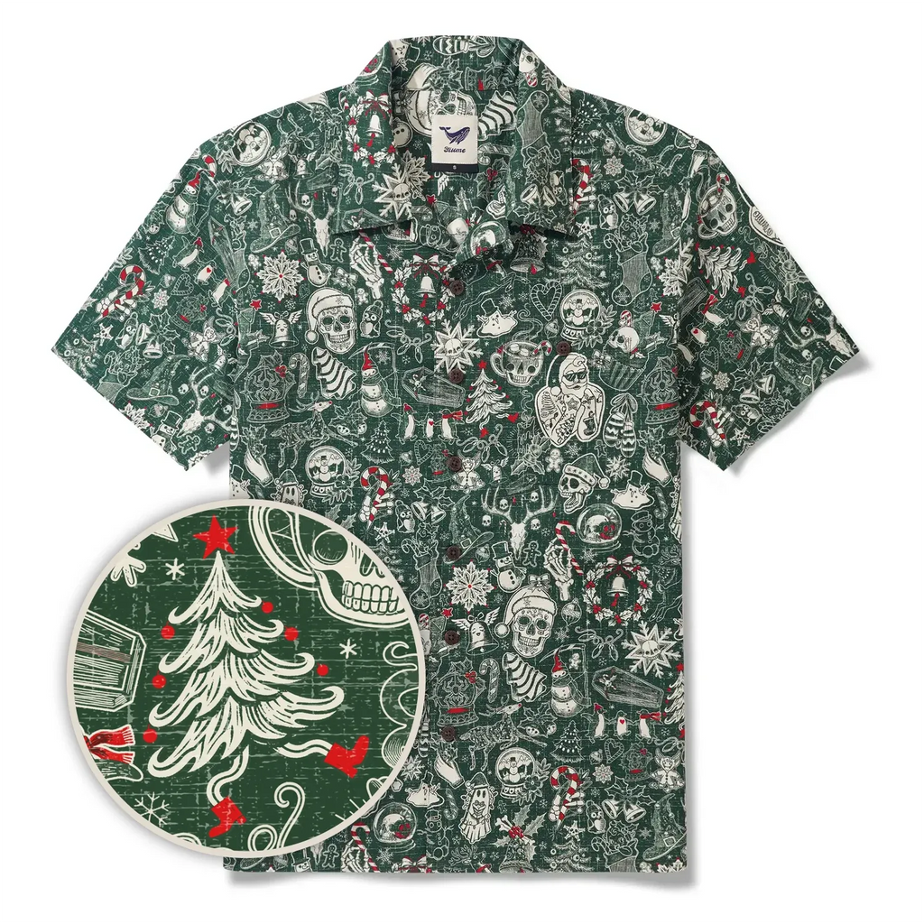 Christmas Gift Men's Hawaiian Shirt Short Sleeve Camp Collar 100% Cotton Green Aloha Christmas Party By Mo