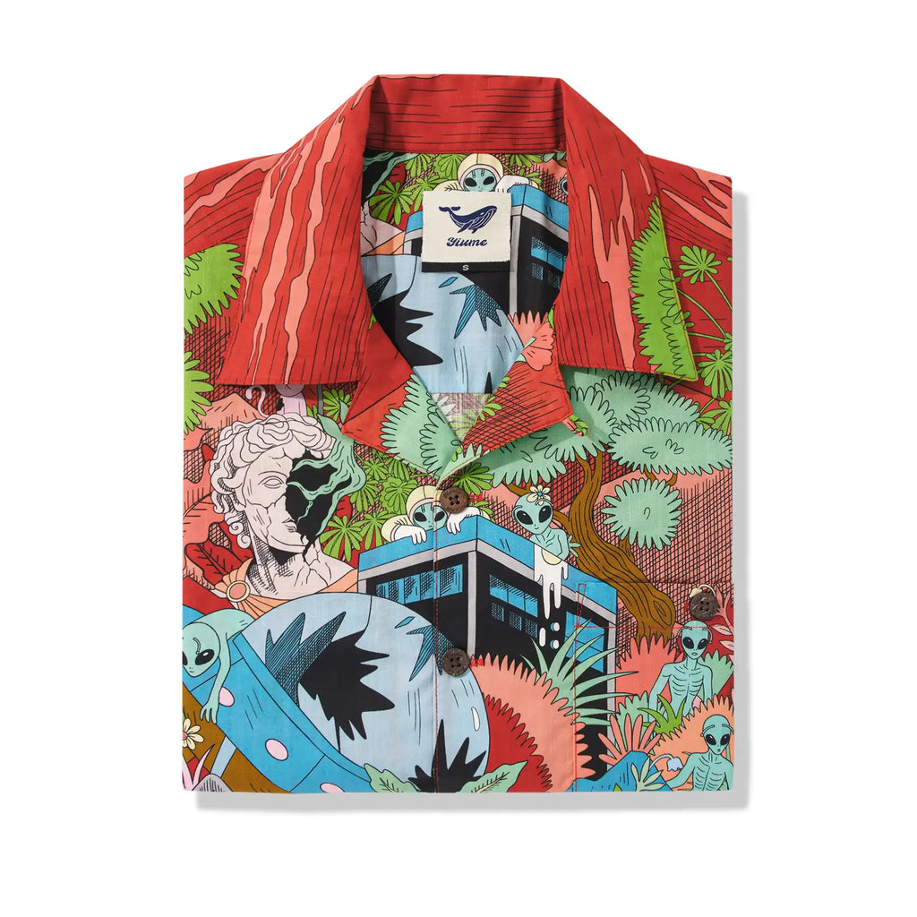 Men's Hawaiian Shirt Short Sleeve Camp Collar 100% Cotton Green Aloha Alien Galactic Garden By Huan huan