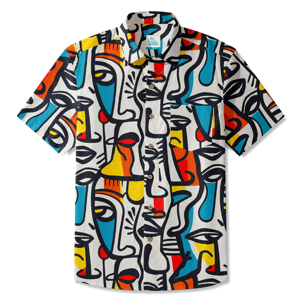 LeosWare® Men's Hawaiian Shirt Short Sleeve Button-up 100% Cotton Aloha Face Paint Palette By Ann