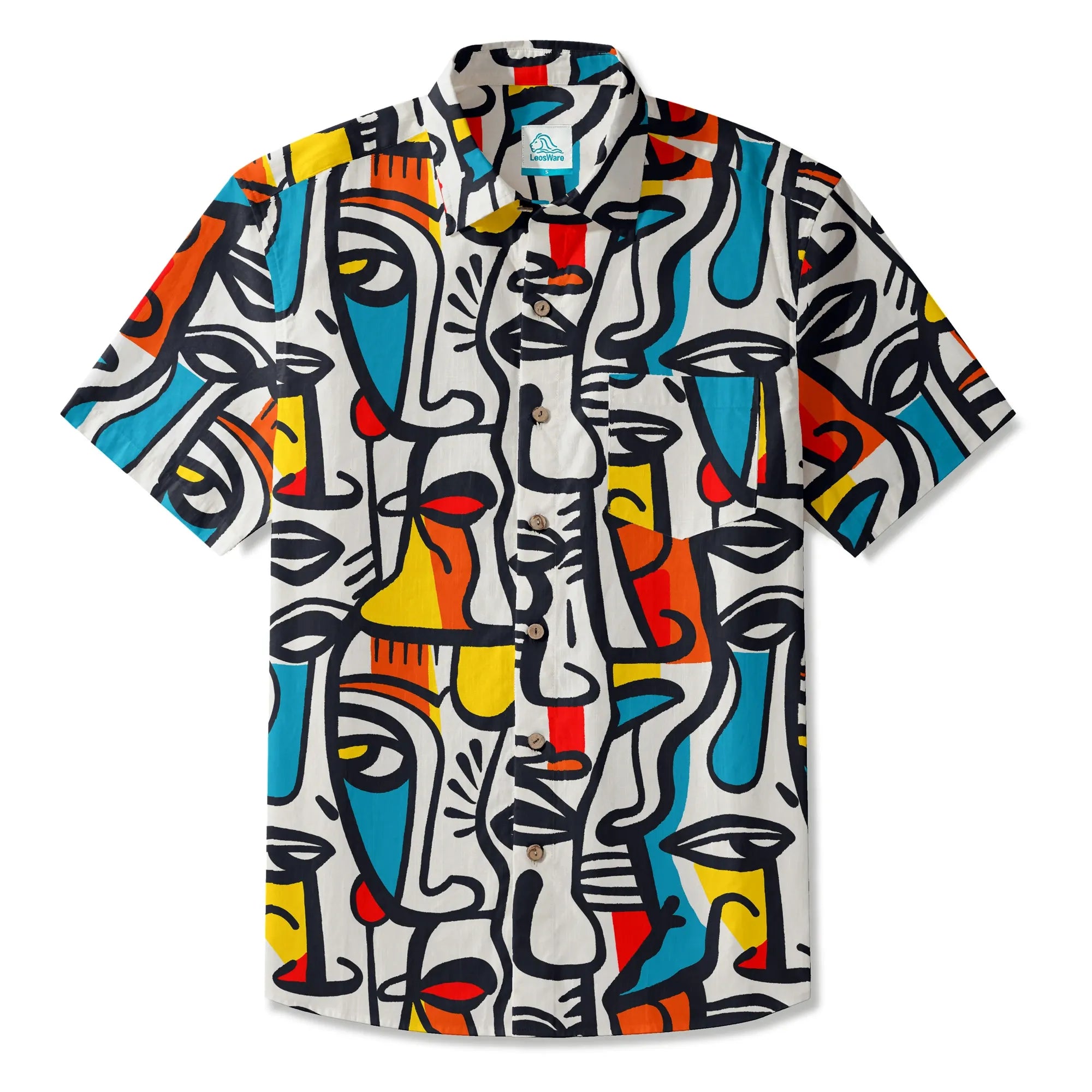 LeosWare® Men's Hawaiian Shirt Short Sleeve Button-up 100% Cotton Aloha Face Paint Palette By Ann