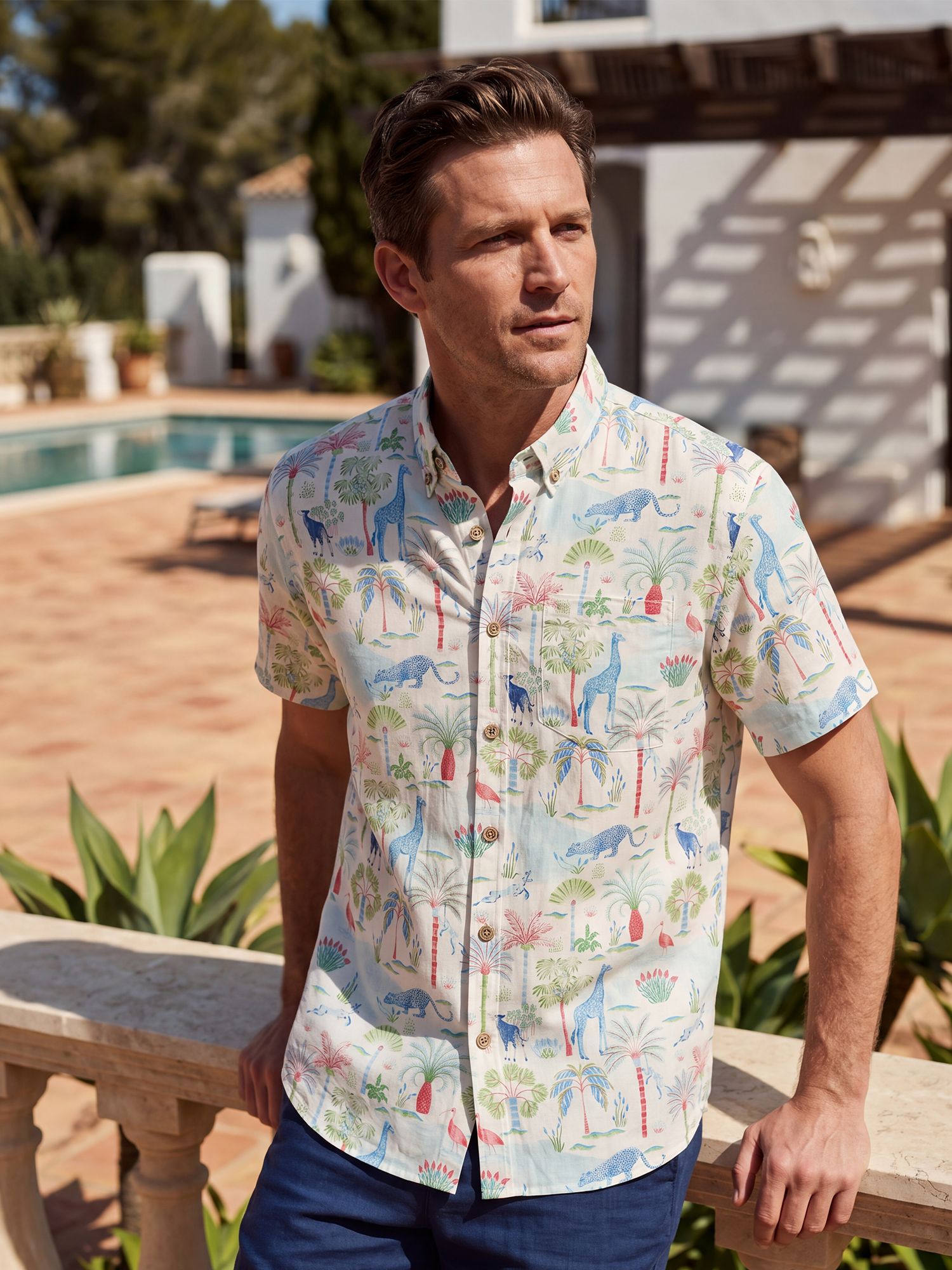 Men's Hawaiian Shirt Short Sleeve Button-down 100% Cotton Beige Aloha Talab Oasis Under The Palm Trees By House of Haricot