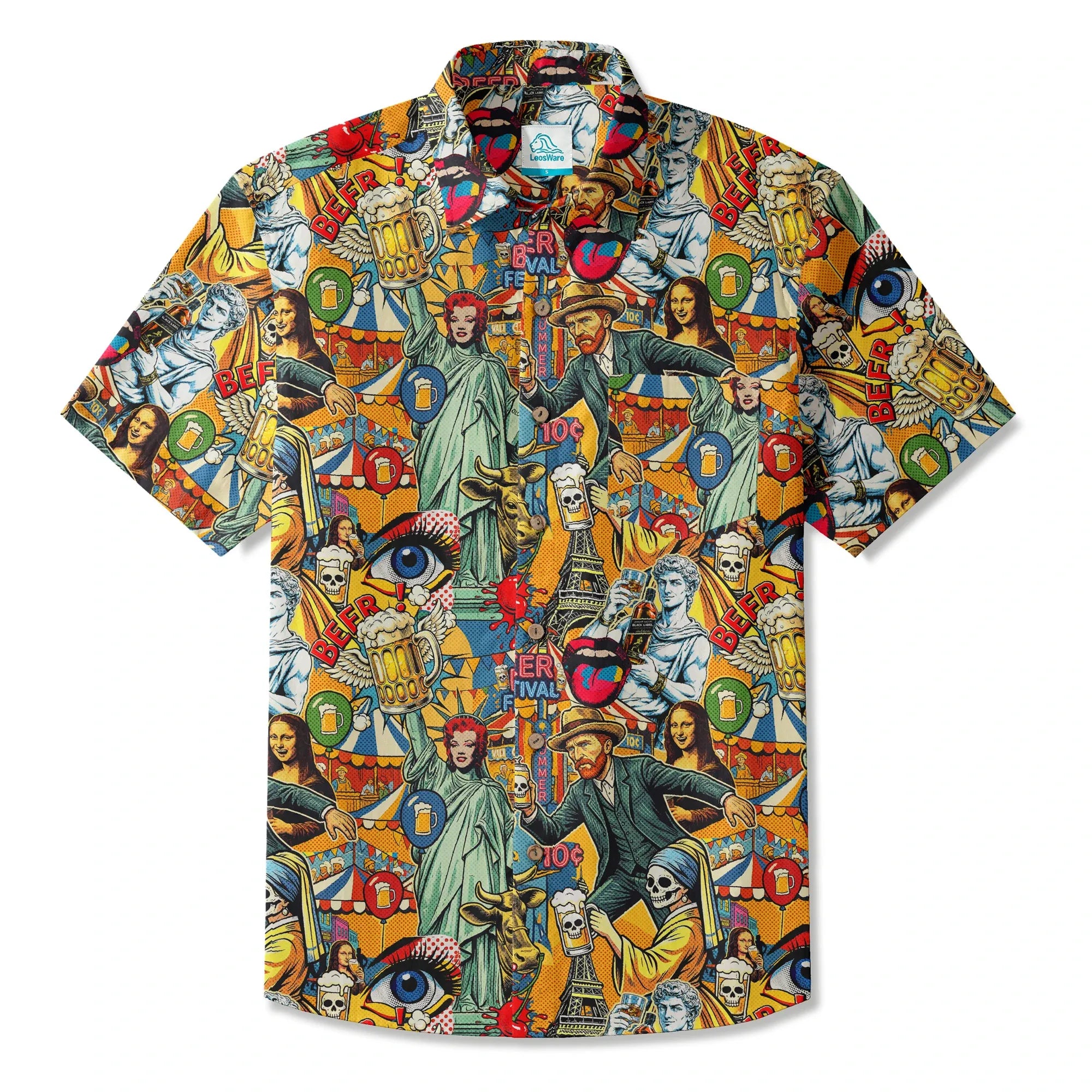LeosWare® Men's Hawaiian Shirt Short Sleeve Button-up 100% Cotton Green Aloha Art & Beer Pop Collage By Huan huan