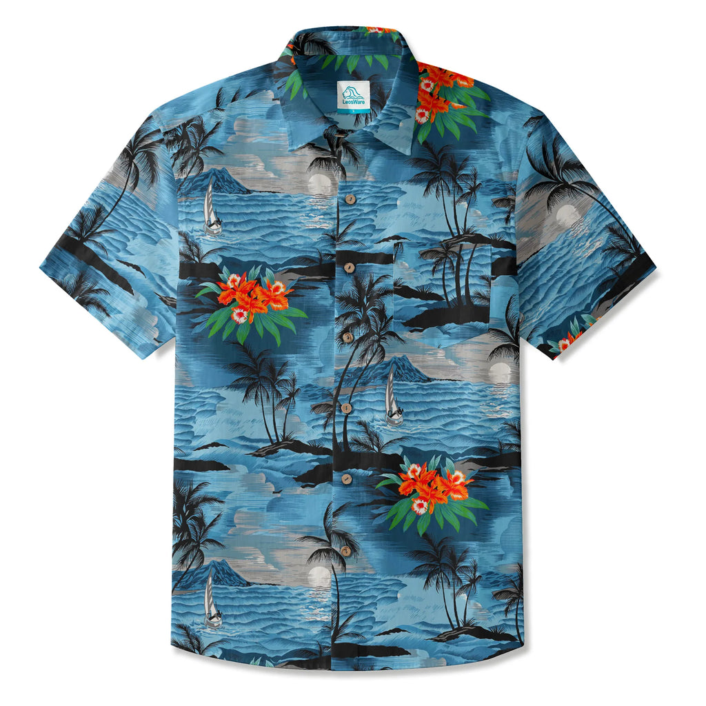 LeosWare® Men's Hawaiian Shirt Short Sleeve Button-up 100% Cotton Blue Aloha Blue-tinged Island Moonlit Night By Ann