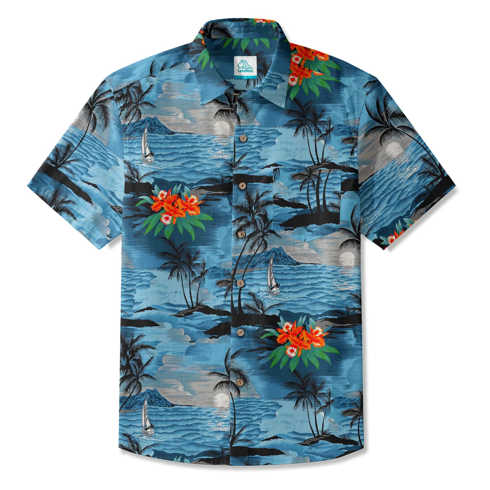 LeosWare® Men's Hawaiian Shirt Short Sleeve Button-up 100% Cotton Blue Aloha Blue-tinged Island Moonlit Night By Ann