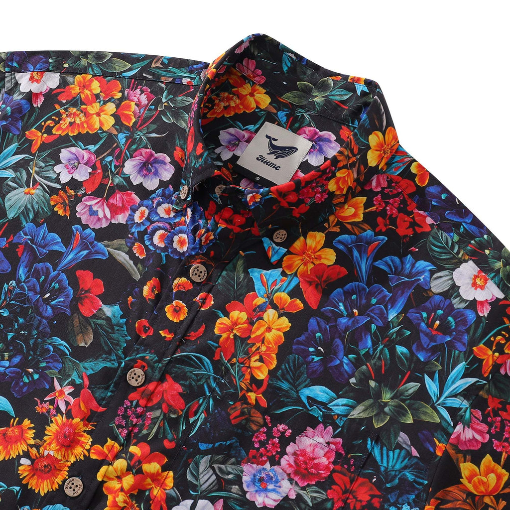 Yiume Mens Floral Hawaiian Shirt Tropical Button-down Short Sleeve 100% Cotton Shirt Colorful Garden By Seven