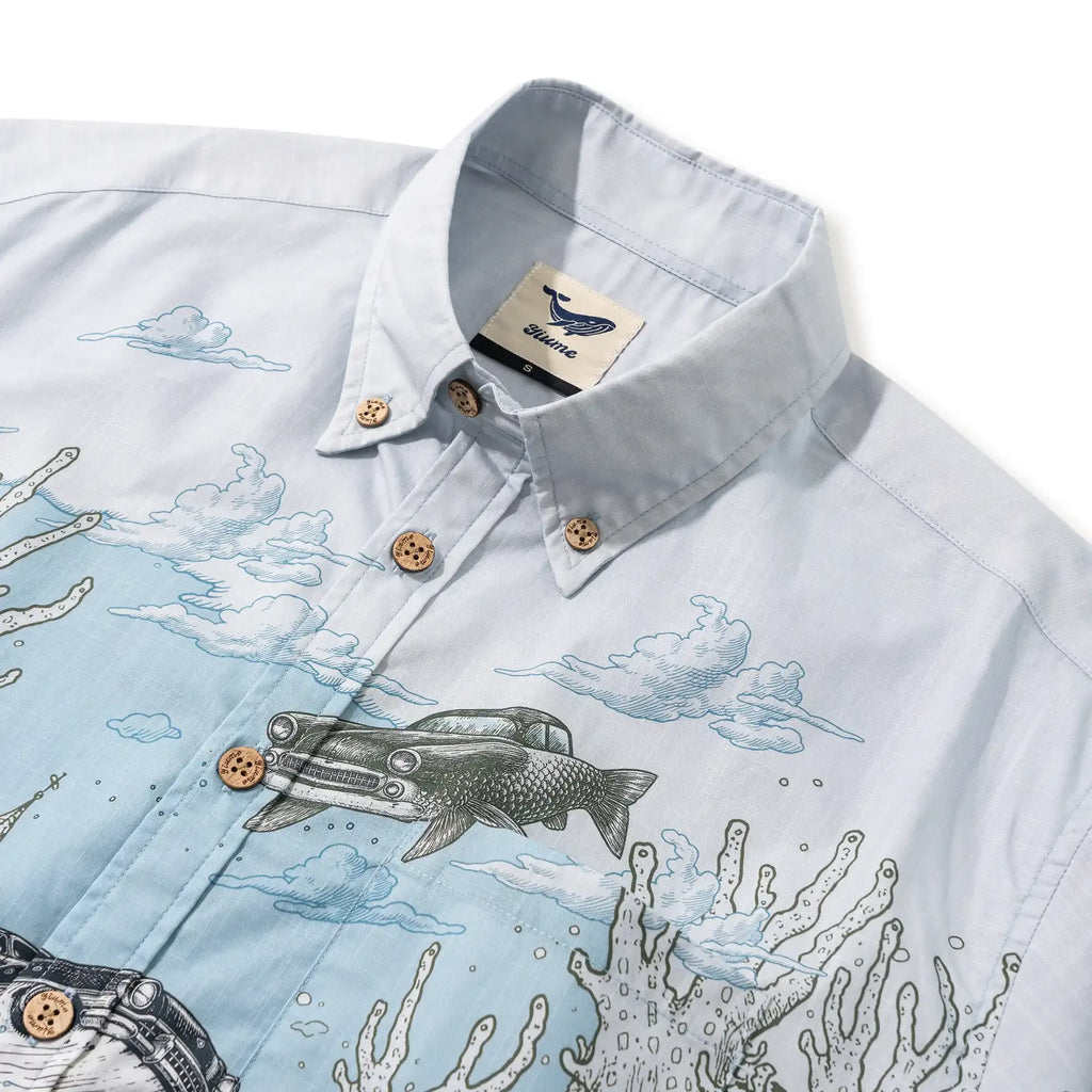 Men's Hawaiian Shirt Short Sleeve Button-down 100% Cotton Blue Aloha Atlantis Coral Cruisers By Cigar