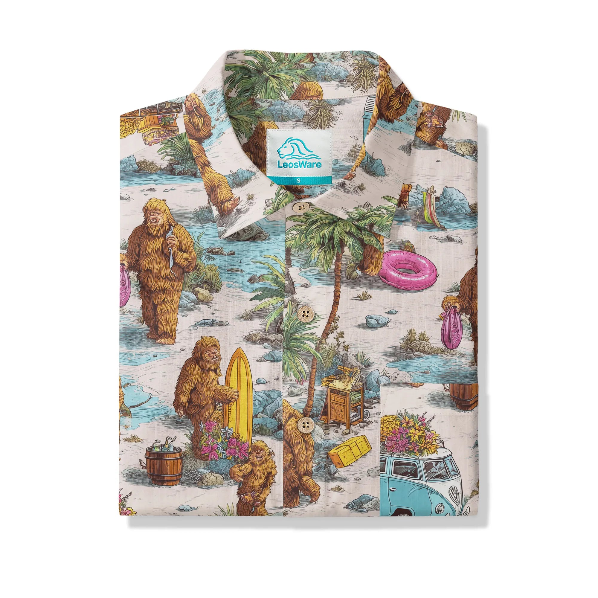 LeosWare® Men's Hawaiian Shirt Short Sleeve Button-up 100% Cotton Aloha Seaside Market Of The Bigfoot By Ann