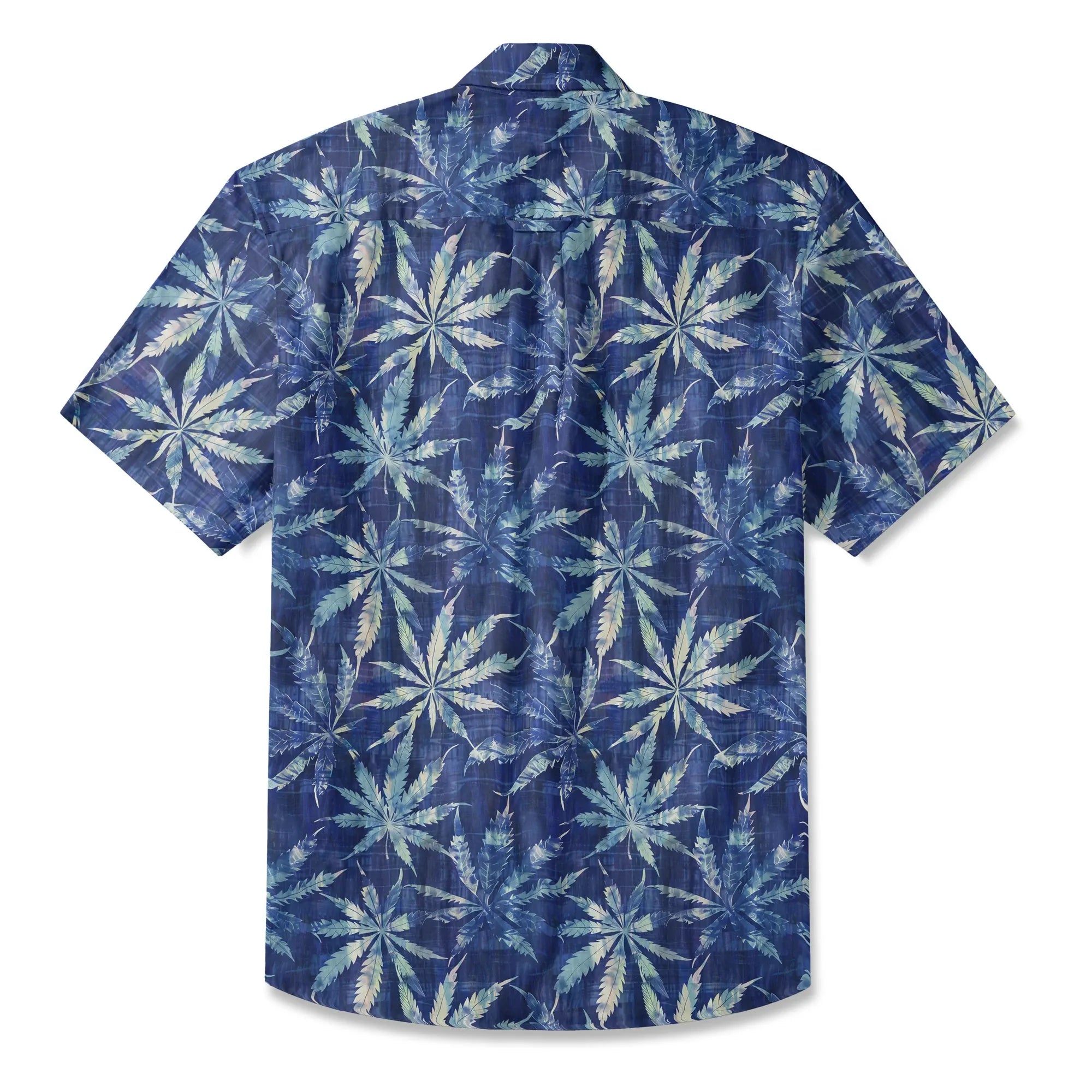 LeosWare® Leaf Men's Hawaiian Shirt Short Sleeve Button-up 100% Cotton Blue Aloha Indigo Dyed Leaves By Ann