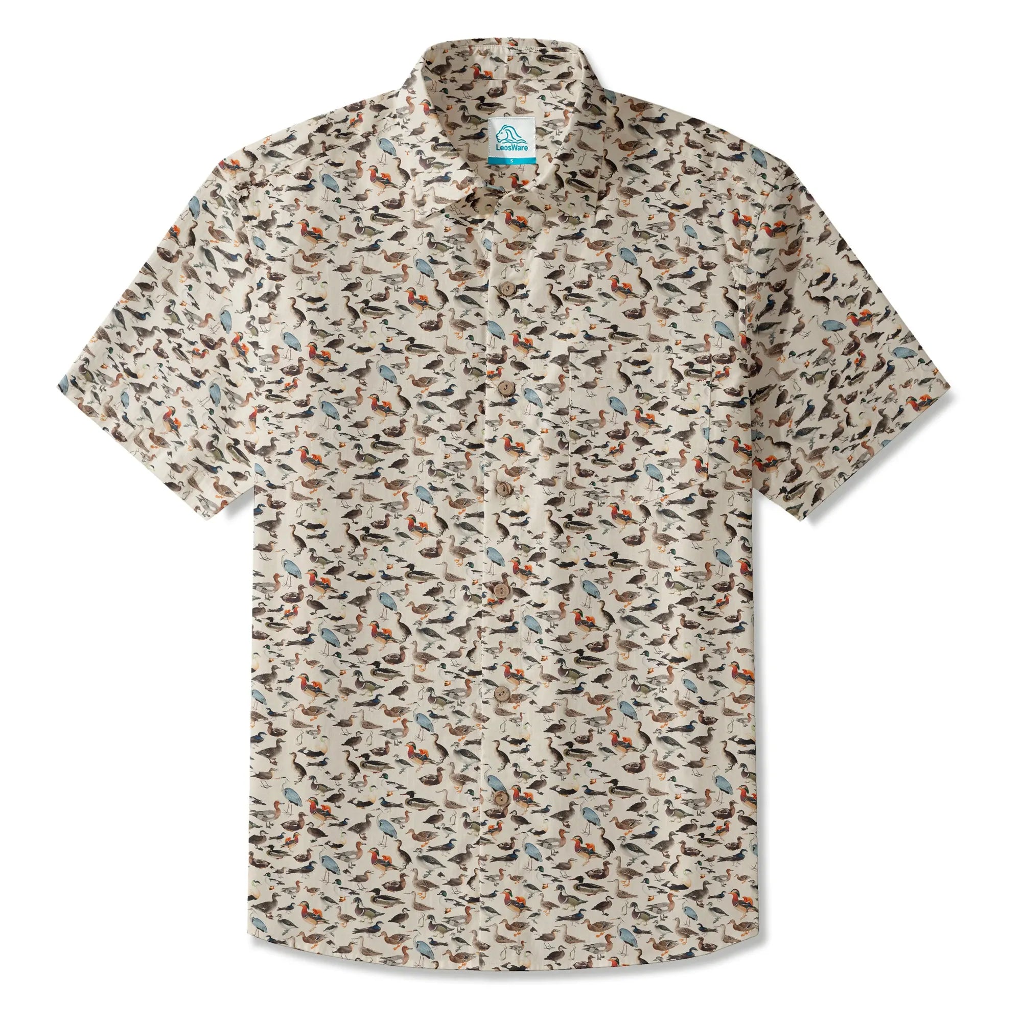 LeosWare® Men's Hawaiian Shirt Short Sleeve Button-up 100% Cotton Beige Aloha Avian Encyclopedia By Ann