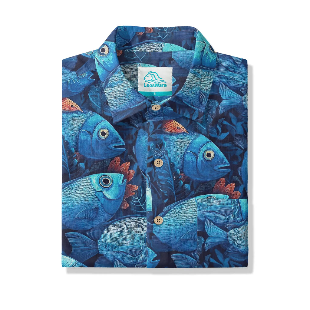 LeosWare® Men's Hawaiian Shirt Short Sleeve Button-up 100% Cotton Blue Aloha Deep Sea Blues Fish School By Ann