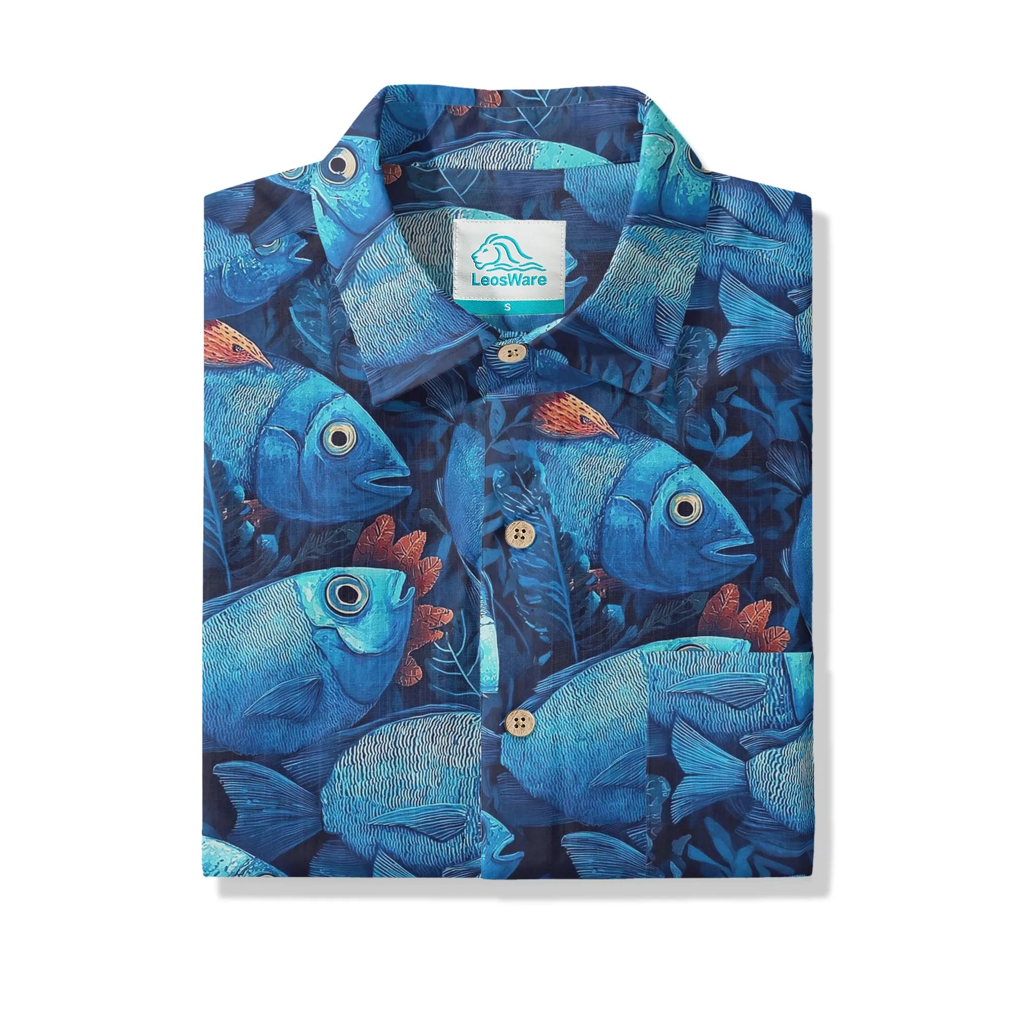 LeosWare® Men's Hawaiian Shirt Short Sleeve Button-up 100% Cotton Blue Aloha Deep Sea Blues Fish School By Ann
