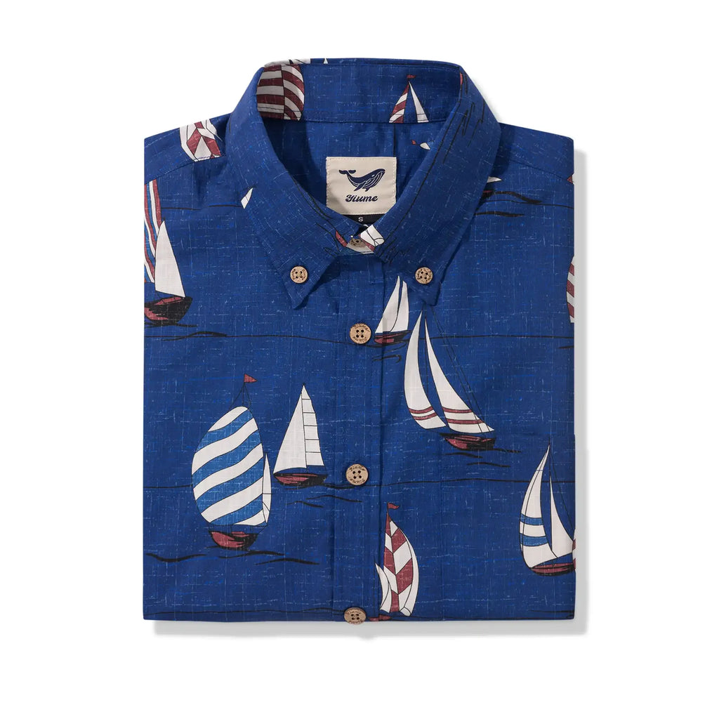 Men's Hawaiian Shirt Short Sleeve Button-down 100% Cotton Blue Aloha Sail into the Horizon By Huan huan