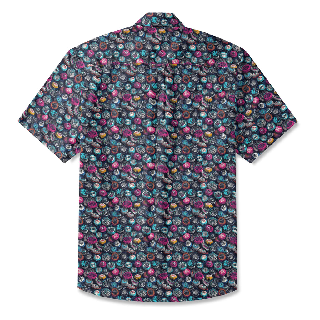 LeosWare® Men's Hawaiian Shirt Short Sleeve Button-up 100% Cotton Black Aloha Trendy Bottle Cap Graffiti By Ann