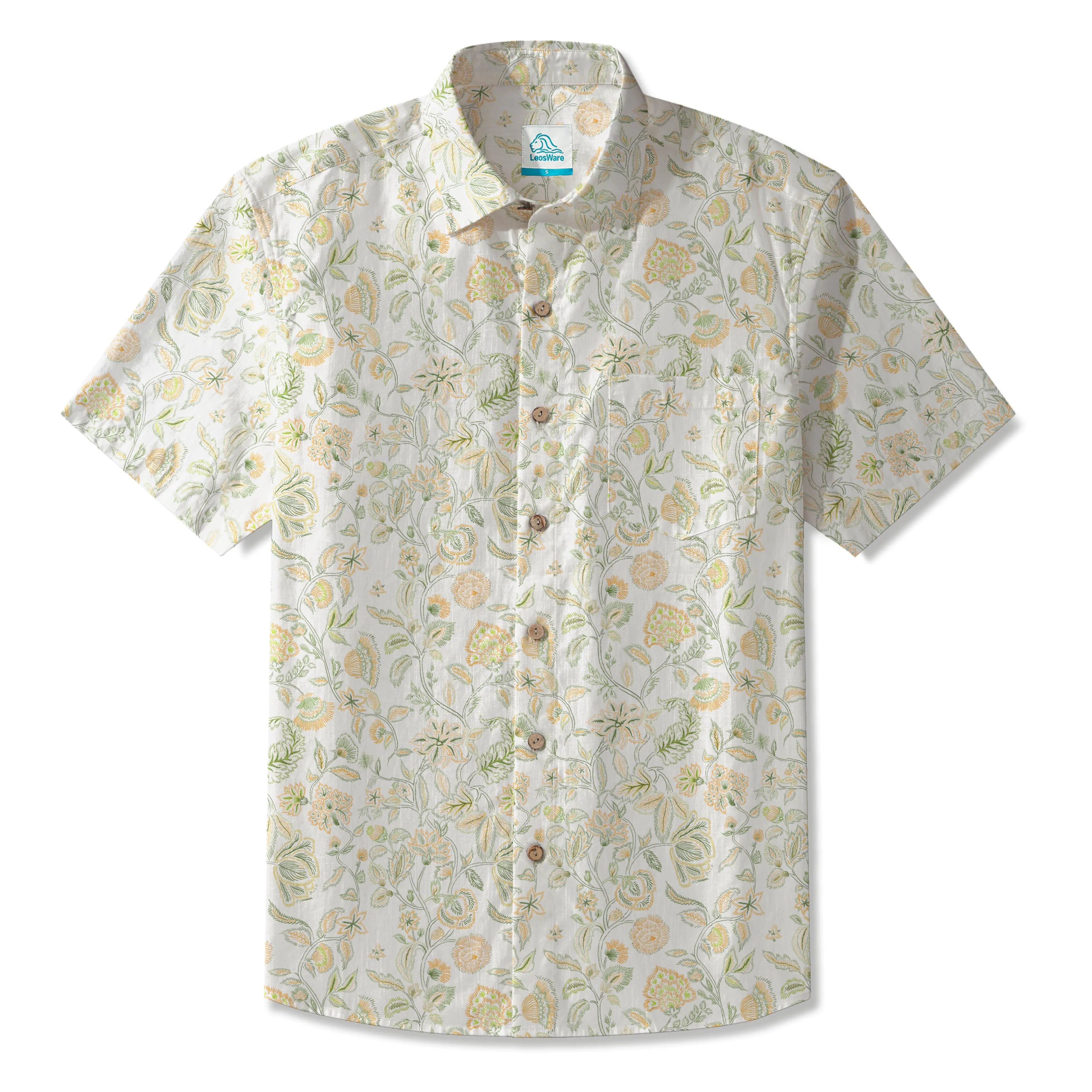 LeosWare® Men's Hawaiian Shirt Short Sleeve Button-up 100% Cotton Green Aloha Vintage Floral Serenity By Huan huan