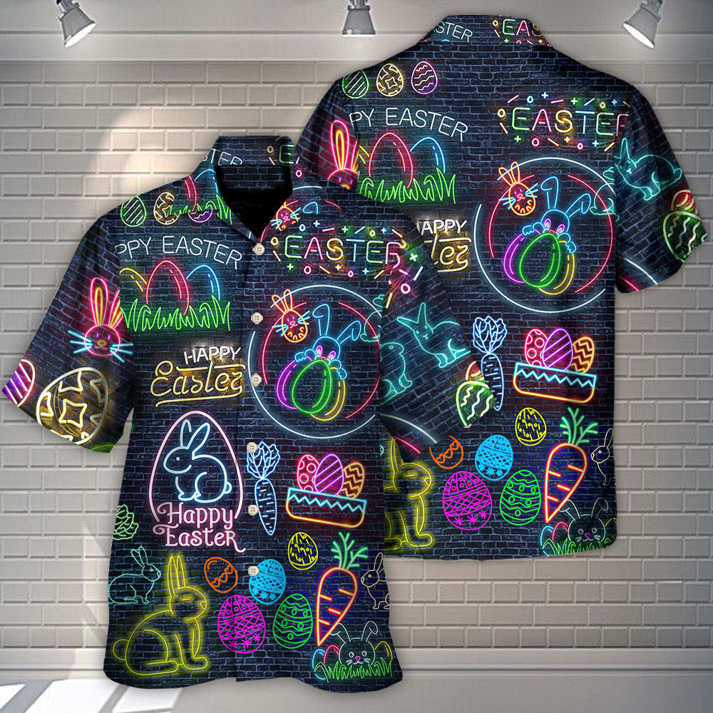 Easter Is Coming Rabbit Neon Style In Black - Hawaiian Shirt