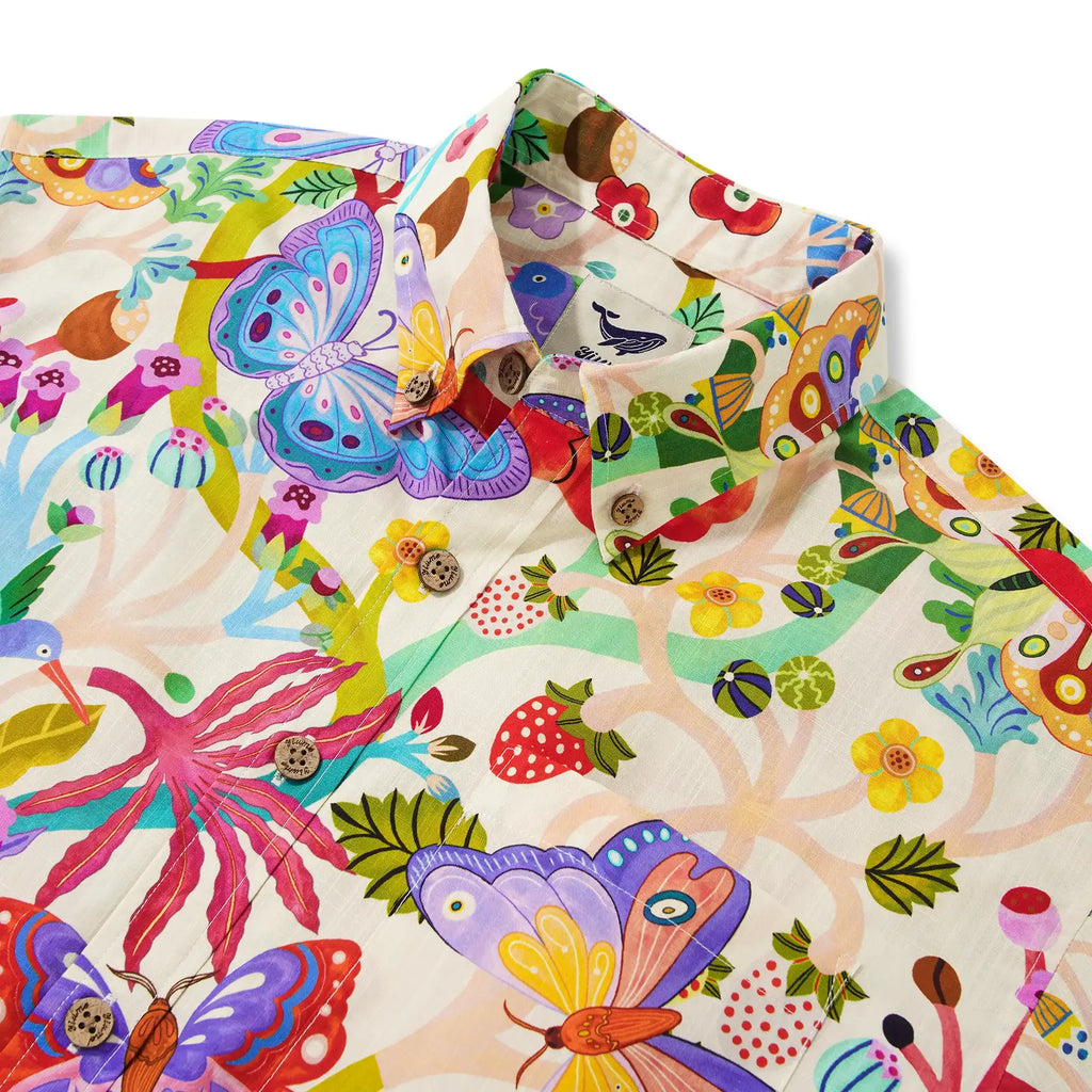 Men's Hawaiian Shirt Short Sleeve Button-down 100% Cotton Blue Aloha Butterfly Whispers By Huan huan