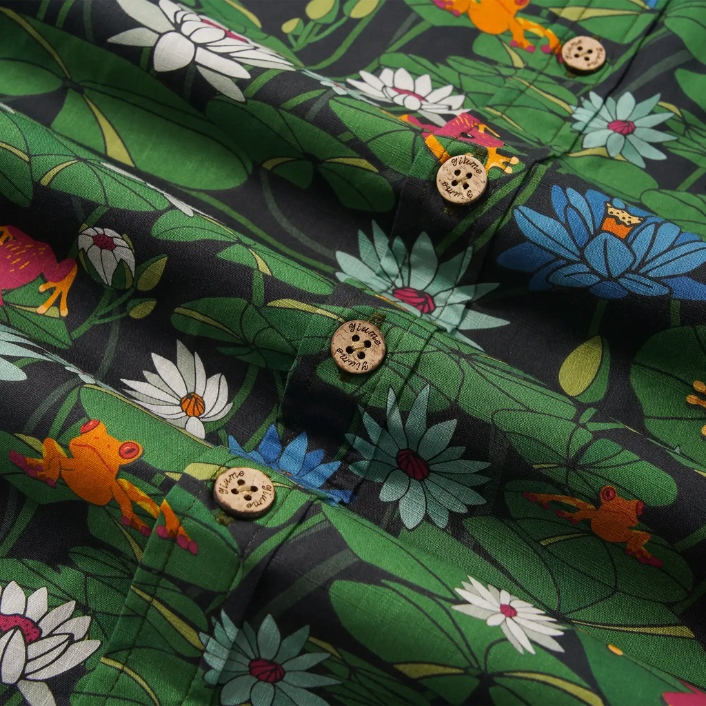 Men's Hawaiian Shirt Short Sleeve Button-down 100% Cotton Green Water Lily Aloha Happy Frogs By Diane Gosselin