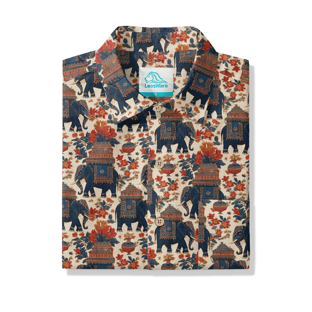 Elephant LeosWare® Men's Hawaiian Shirt Short Sleeve Button-up 100% Cotton Beige Aloha Temple Of The Elephant God By Ann