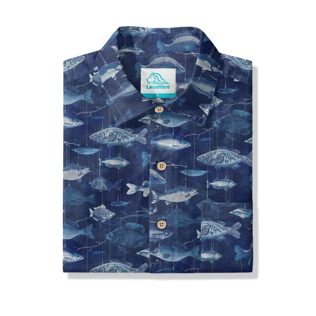 LeosWare® Men's Hawaiian Shirt Short Sleeve Button-up 100% Cotton Blue Aloha Blue Jazz Hanging Fish Pattern By Ann