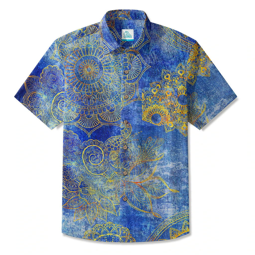 LeosWare® Men's Hawaiian Shirt Short Sleeve Button-up 100% Cotton Blue Aloha Indigo Mandala By Ann