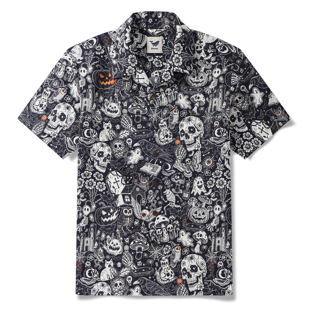 Men's Halloween Shirt Skull Hawaiian Shirt Short Sleeve Camp Collar 100% Cotton Black Halloween Bash By Mo
