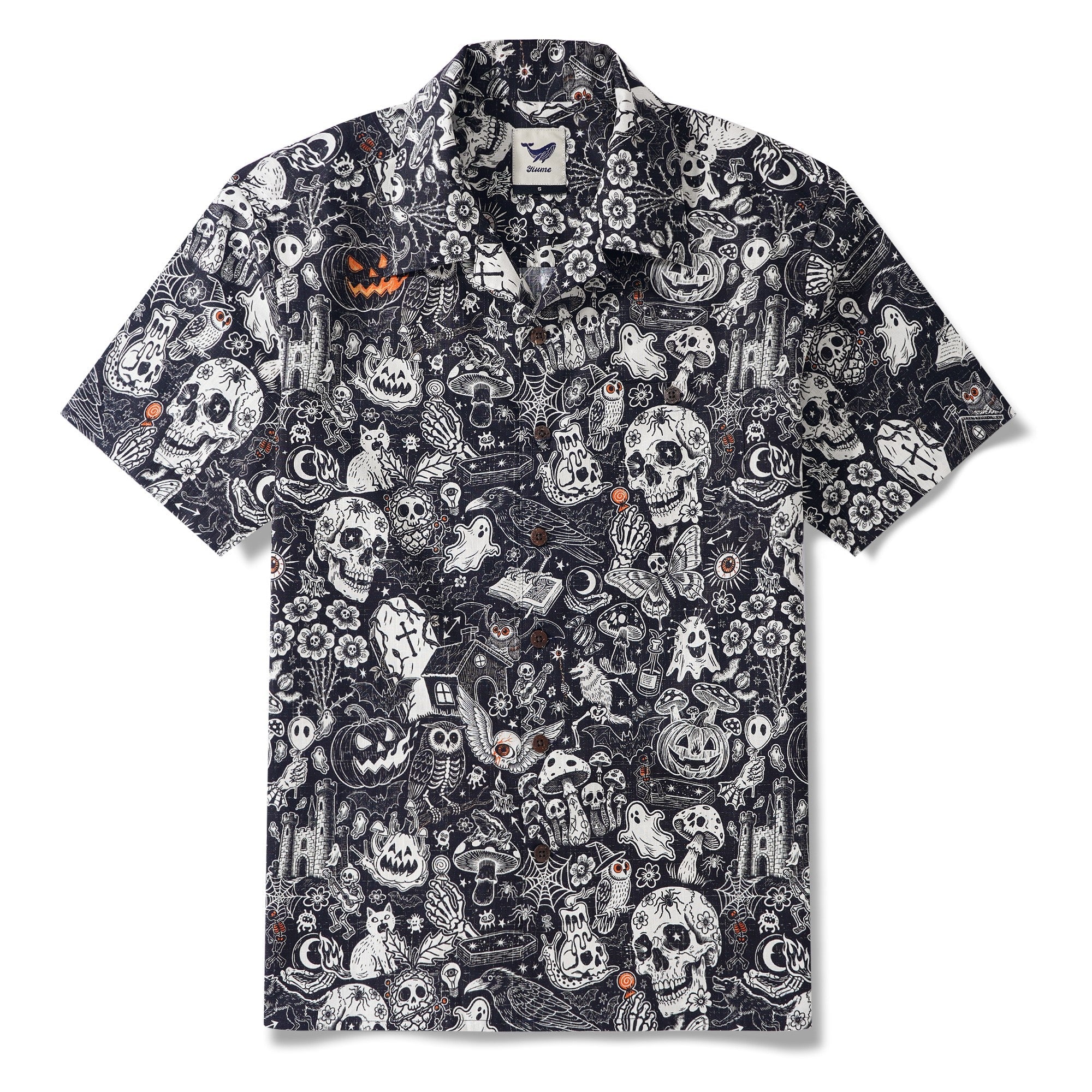 Men's Halloween Shirt Skull Hawaiian Shirt Short Sleeve Camp Collar 100% Cotton Black Halloween Bash By Mo