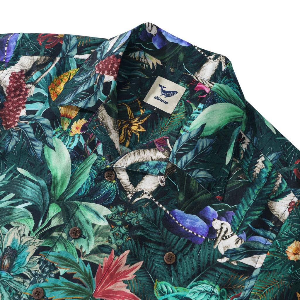 Elephant Jungle Enchantment Menagerie 100% Cotton Men's Aloha Hawaiian Short Sleeve Camp Collar Shirt Zebra Bird Dog By Sylvia
