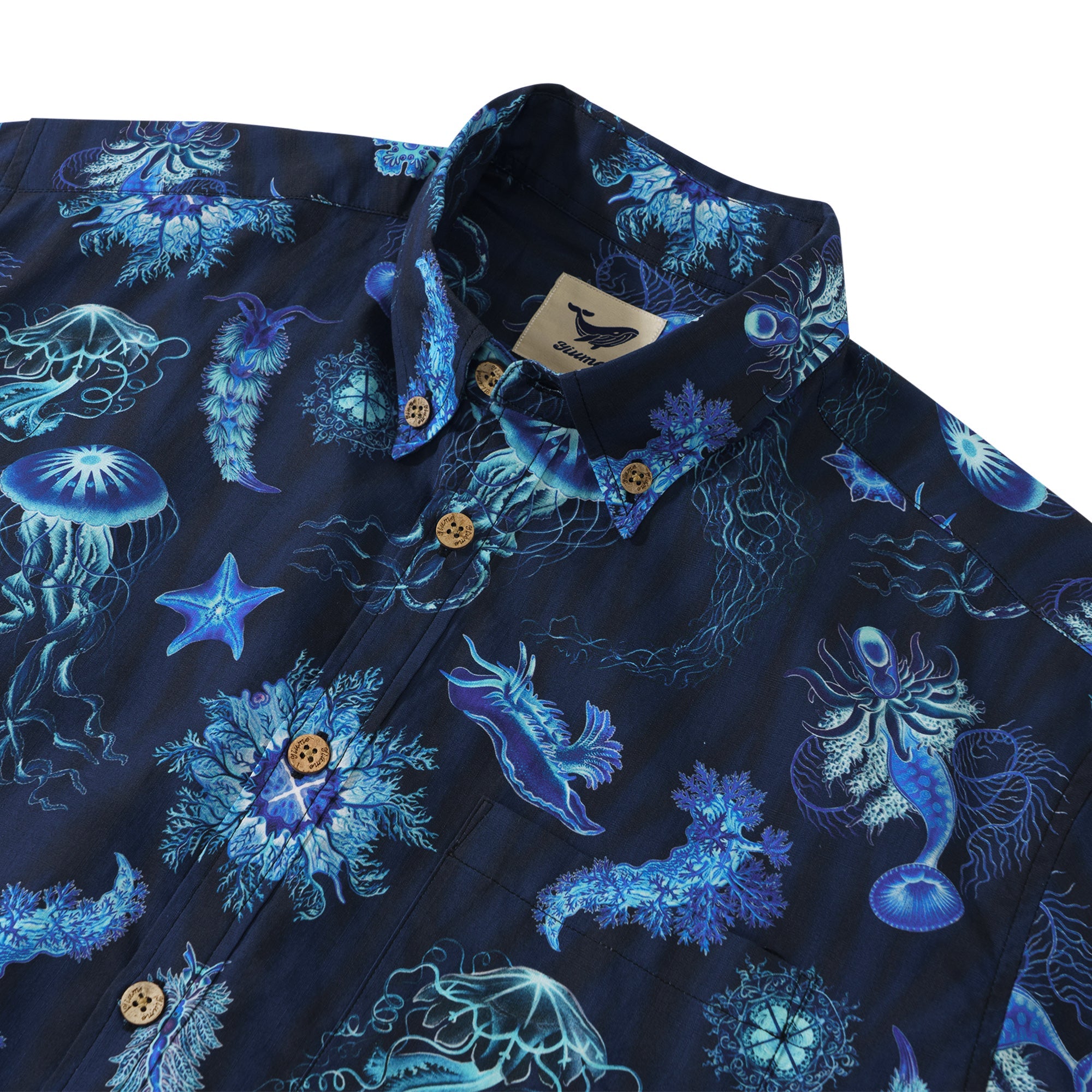Symphony of the Deep Blue 100% Cotton Men's Short Sleeve Button-down Shirt Blue Aloha Hawaiian By Susie