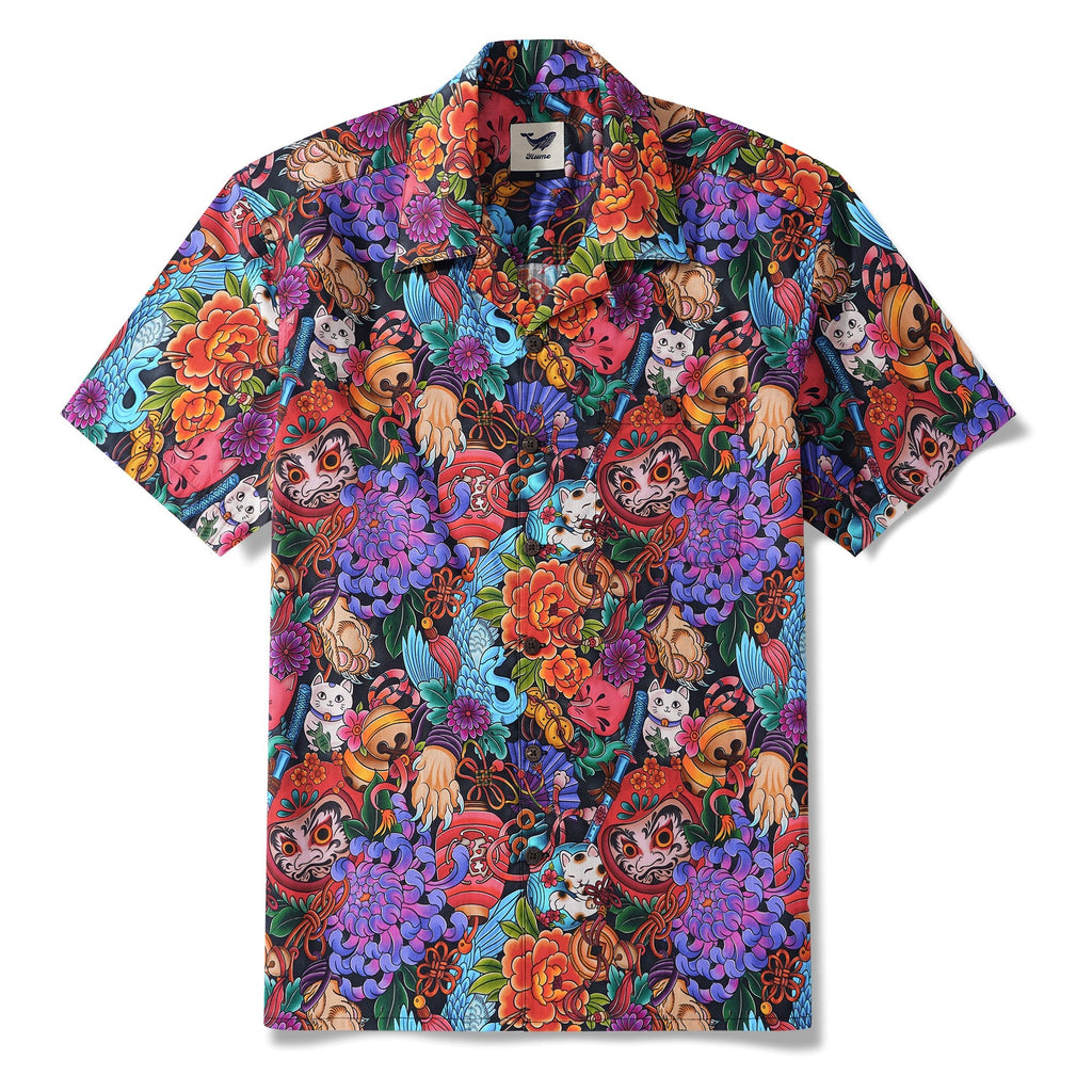 Chemise hawaïenne pour homme à manches courtes col camp 100% coton noire Aloha Tokyo Whimsy par Geetanjali Behera, par Geetanjali Behera