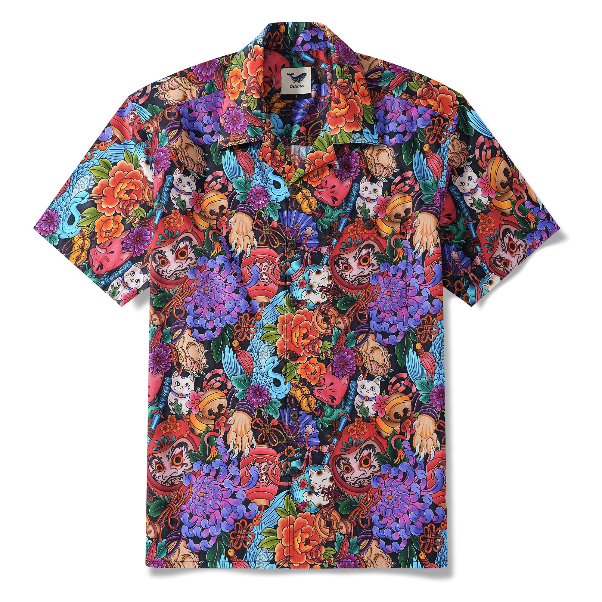Chemise hawaïenne pour homme à manches courtes col camp 100% coton noire Aloha Tokyo Whimsy par Geetanjali Behera, par Geetanjali Behera