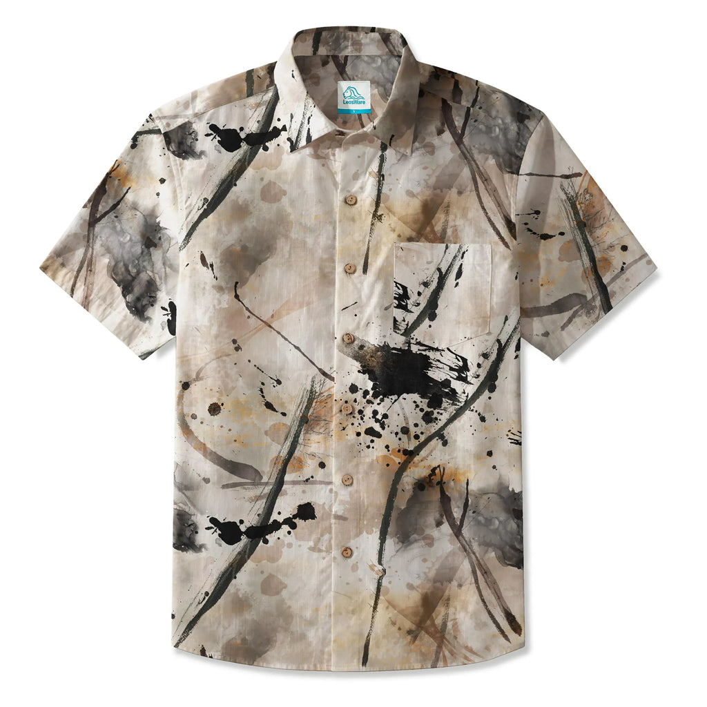 Chemise hawaïenne pour hommes LeosWare® à manches courtes, boutonnée en 100 % coton, marron Aloha Journey Of Abstraction par Huan huan