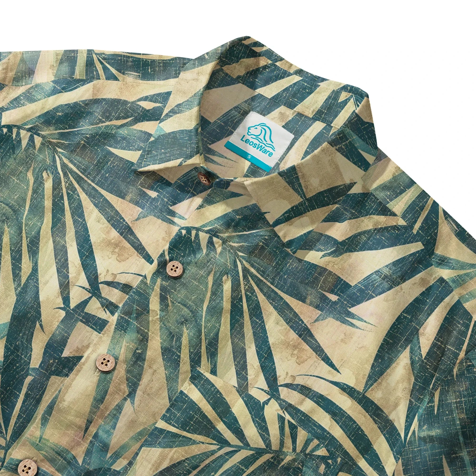 LeosWare® Men's Hawaiian Shirt Short Sleeve Button-up 100% Cotton Green Aloha Vintage Palm By Ann