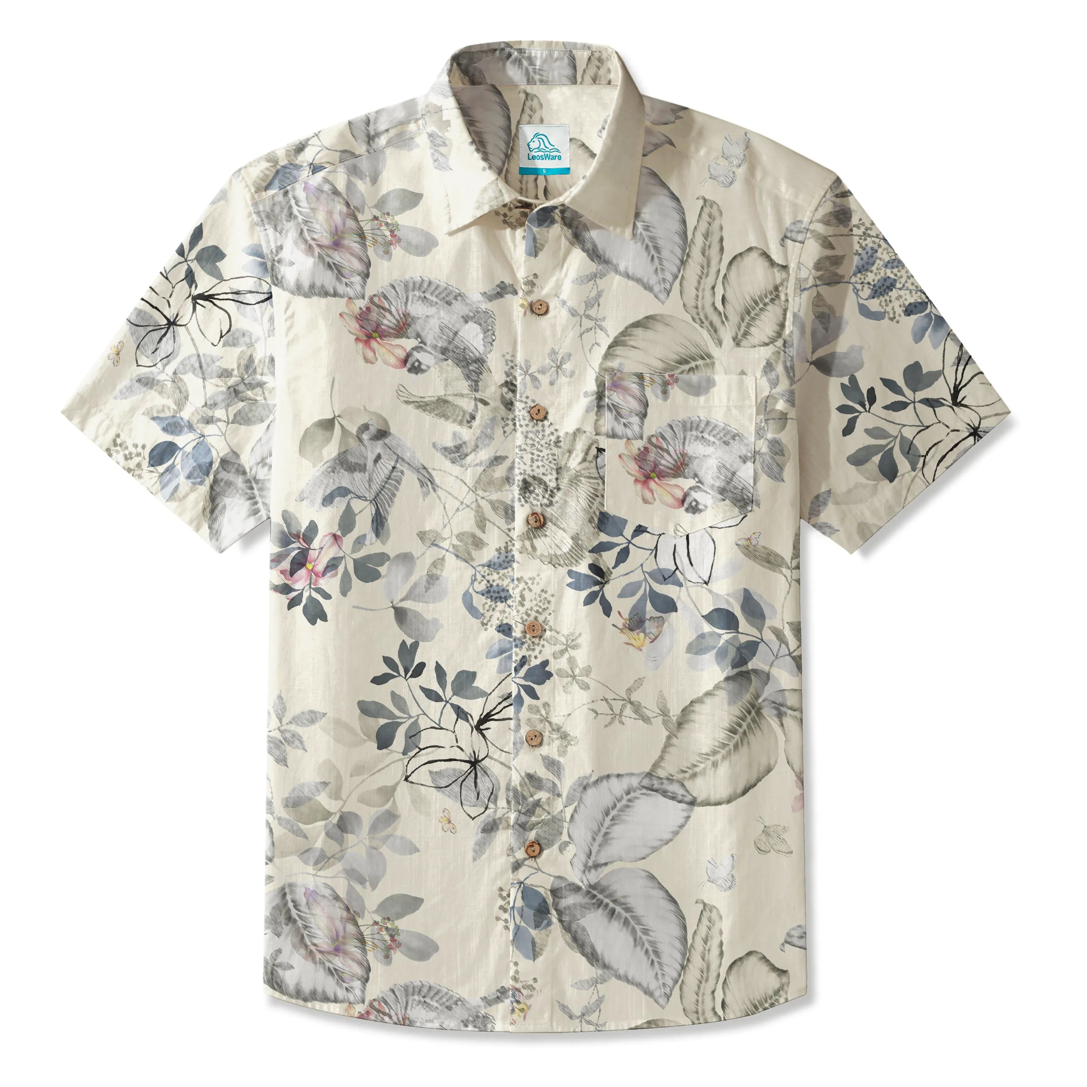 LeosWare® Men's Hawaiian Shirt Short Sleeve Button-up 100% Cotton Gray Aloha Dreamy Soft Botanicals By Huan huan