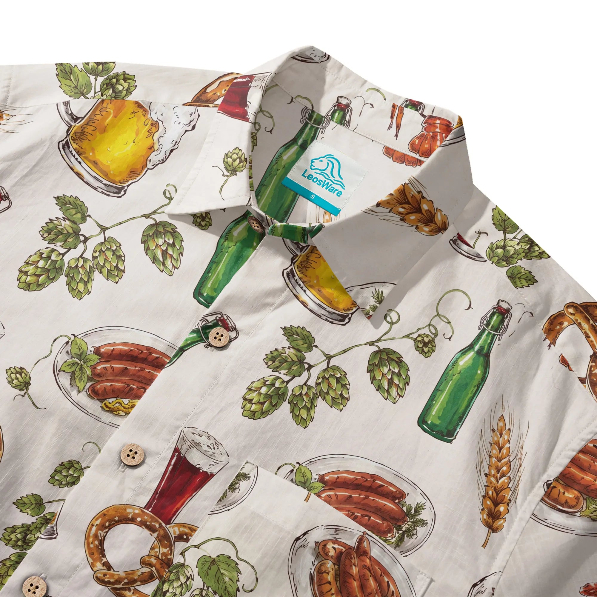 LeosWare® Men's Hawaiian Shirt Short Sleeve Button-up 100% Cotton Beige Aloha Beer Festival Feast Carnival By Ann