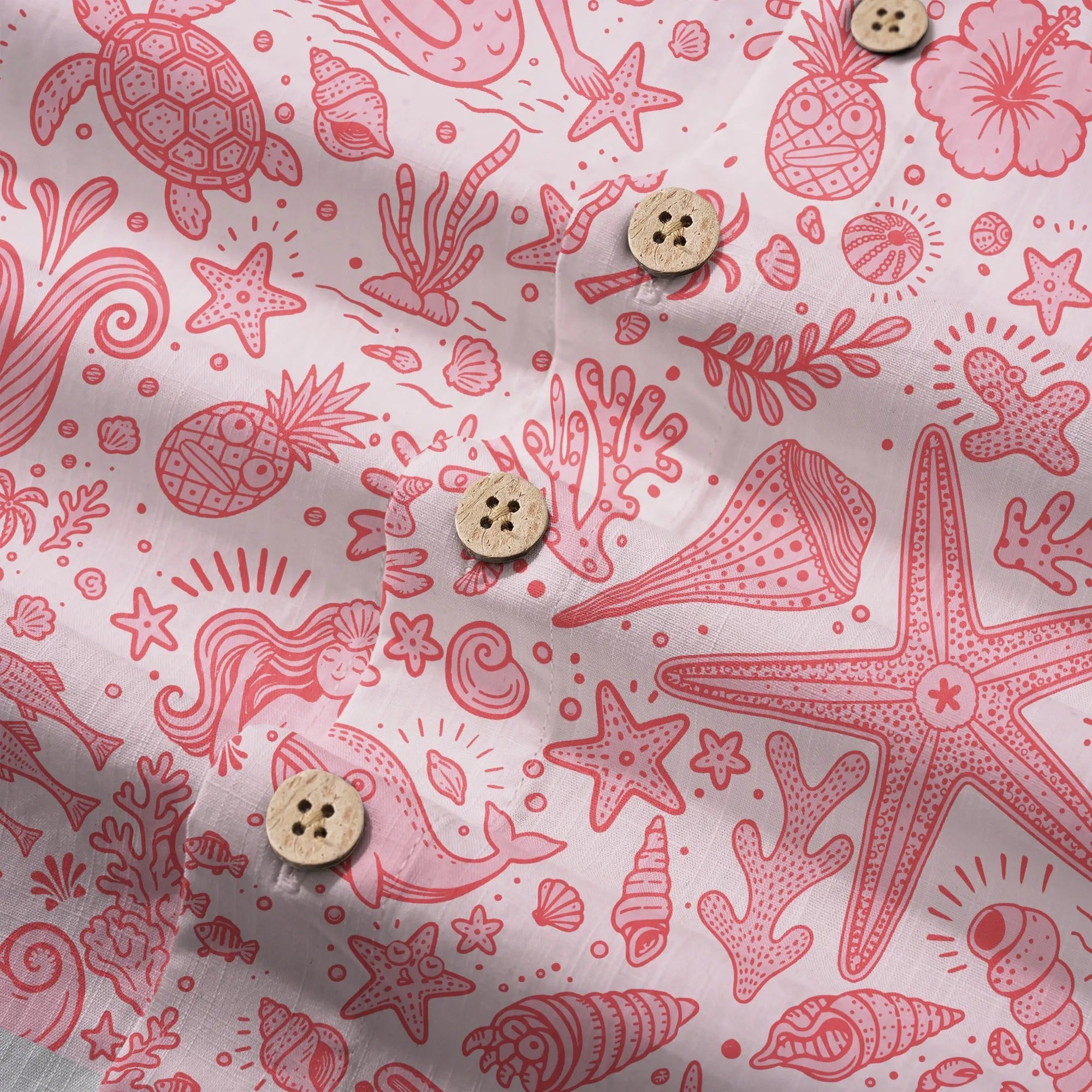 Chemise hawaïenne pour homme LeosWare® à manches courtes, boutonnée, 100 % coton, Aloha, rose doux, motifs océaniques par Huan huan